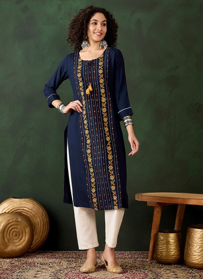 Rayon Navy Blue Office Wear Embroidery Work Readymade Kurti